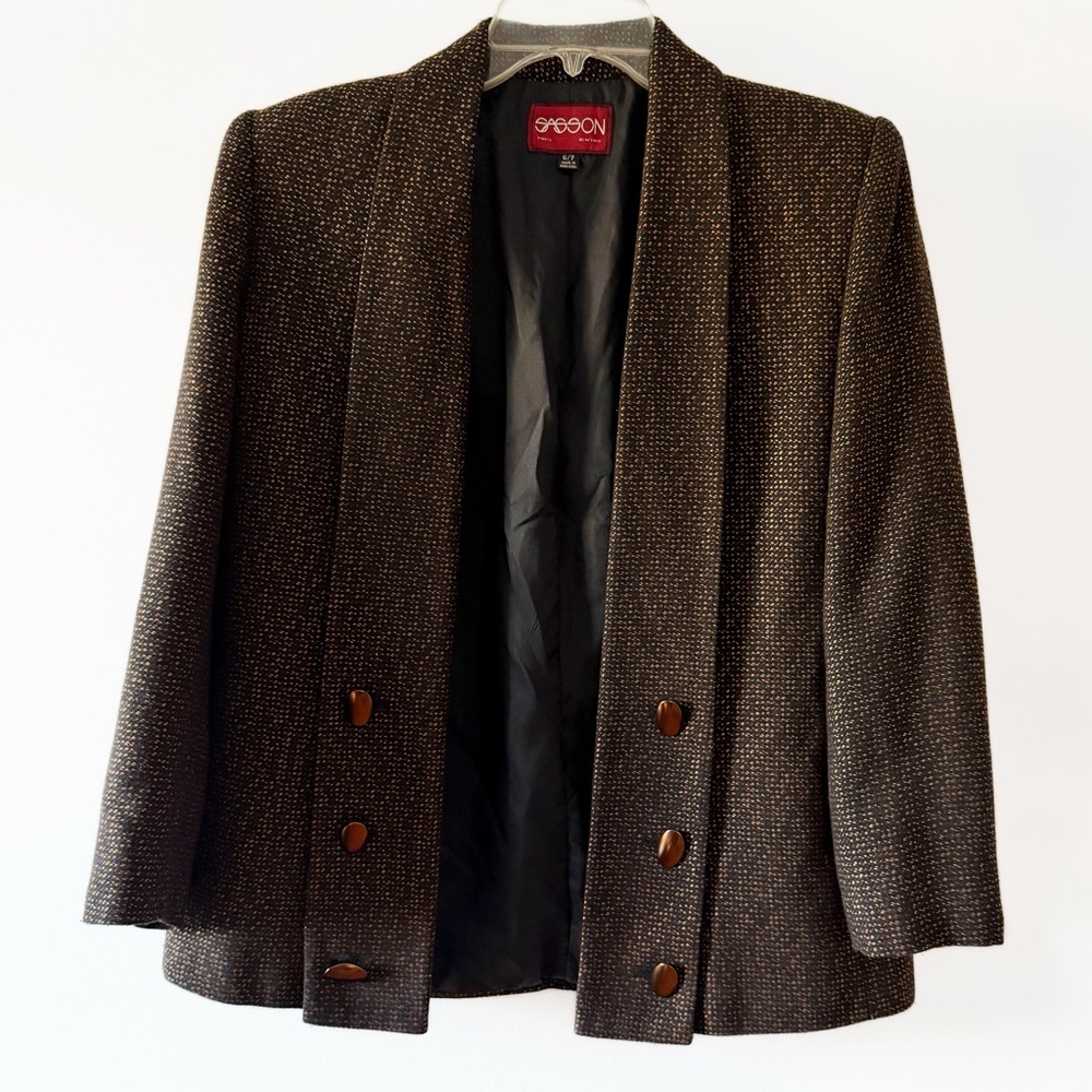 Sasson | Vintage Black & Gold Open Blazer with Copper Oval Buttons‎ 6/7